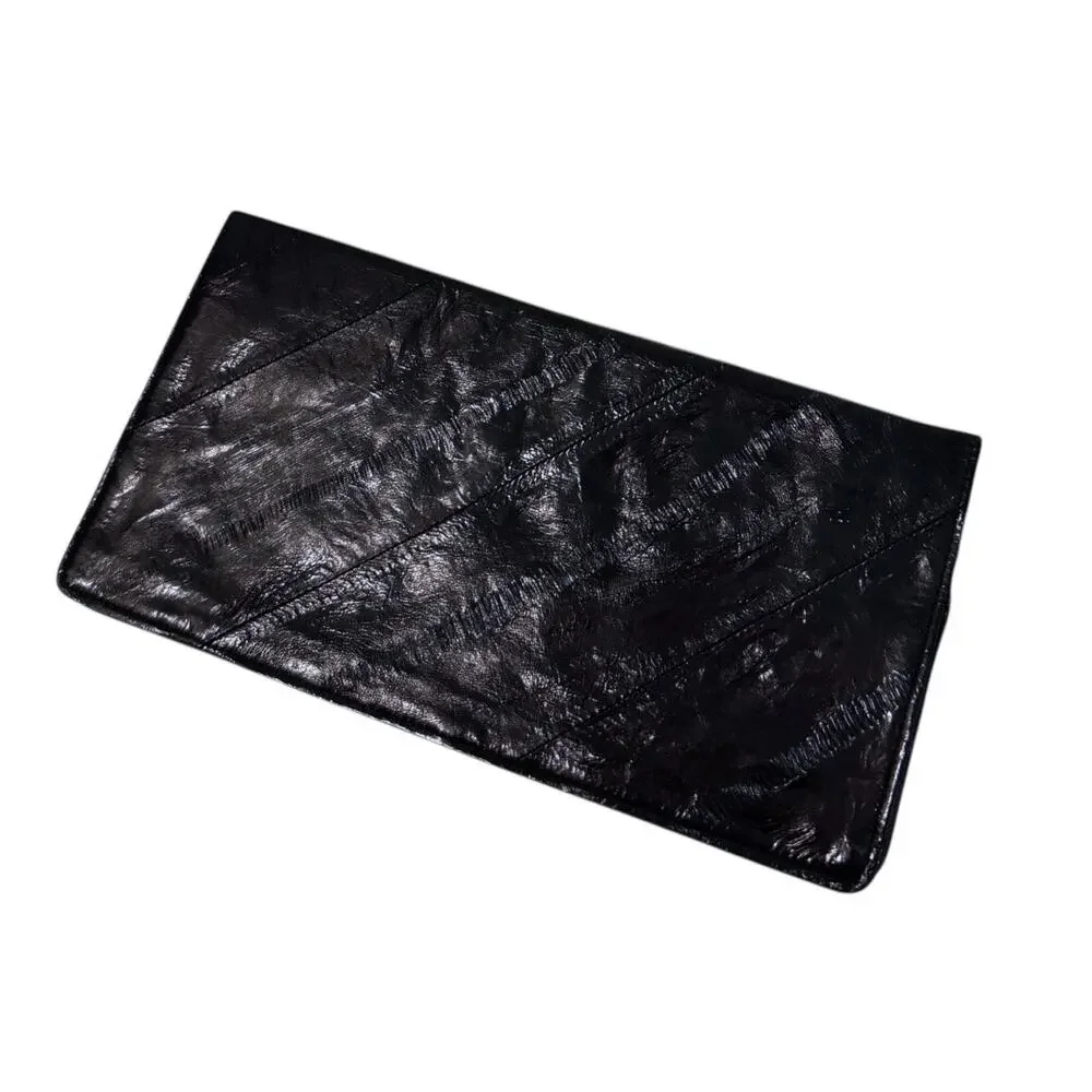 Vintage DH Salon Black Eel Skin Leather Clutch Wallet Luxury Exotic Slim 90s